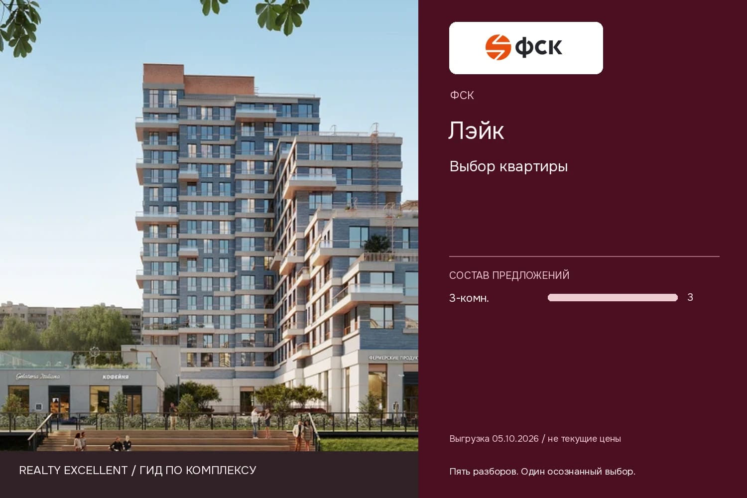 Лэйк: Выбор квартиры. Инфографика Realty Excellent с логотипом ФСК.