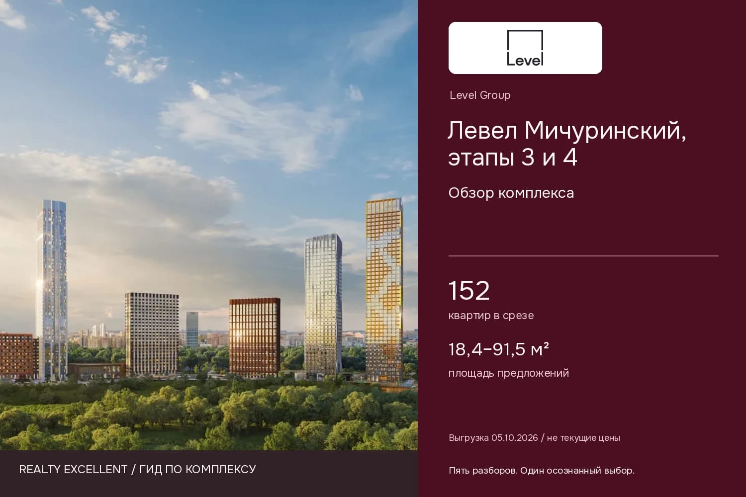 Левел Мичуринский, этапы 3 и 4: Обзор комплекса. Инфографика Realty Excellent с логотипом Level Group.