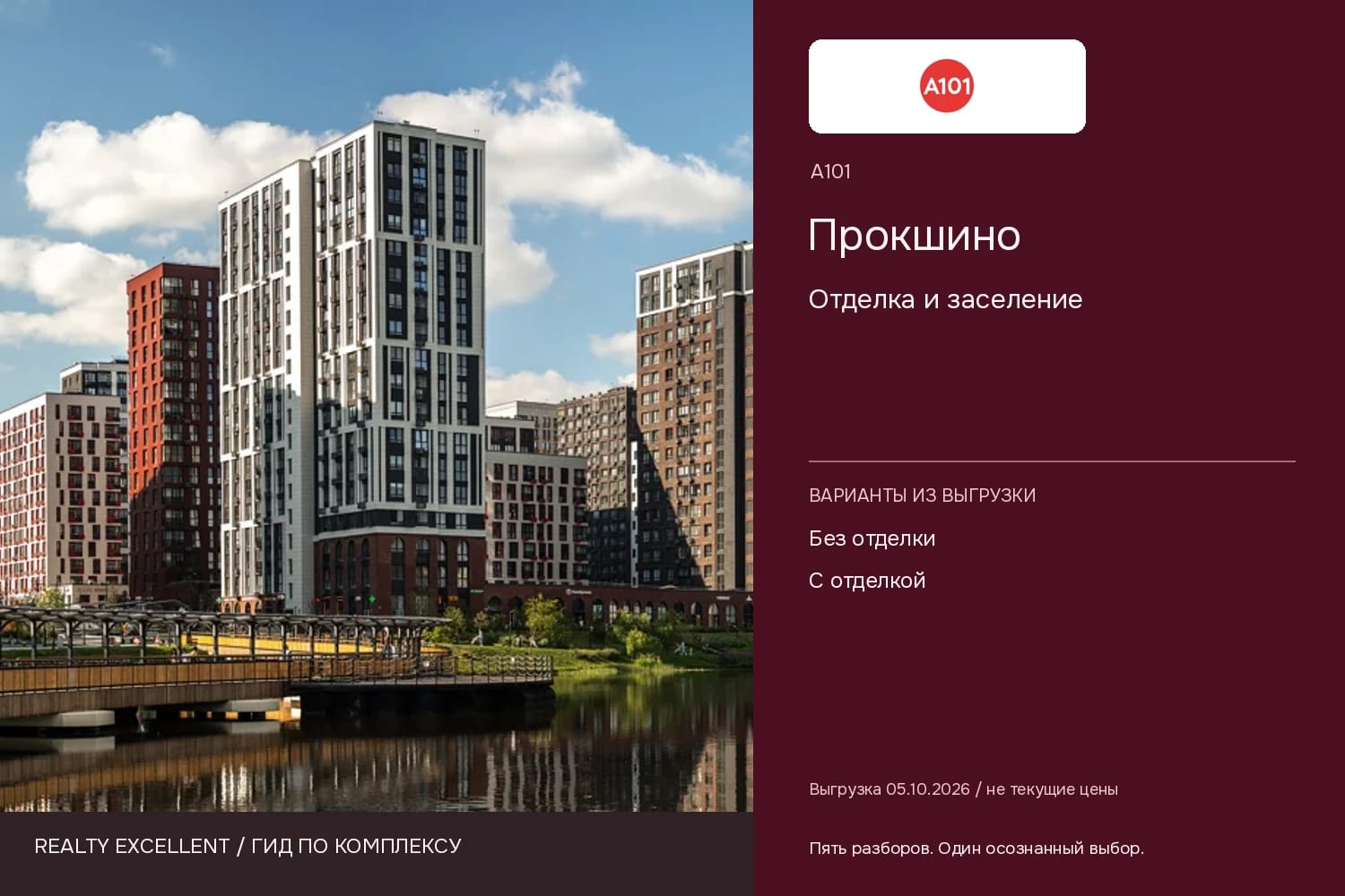 Прокшино: Отделка и заселение. Инфографика Realty Excellent с логотипом А101.