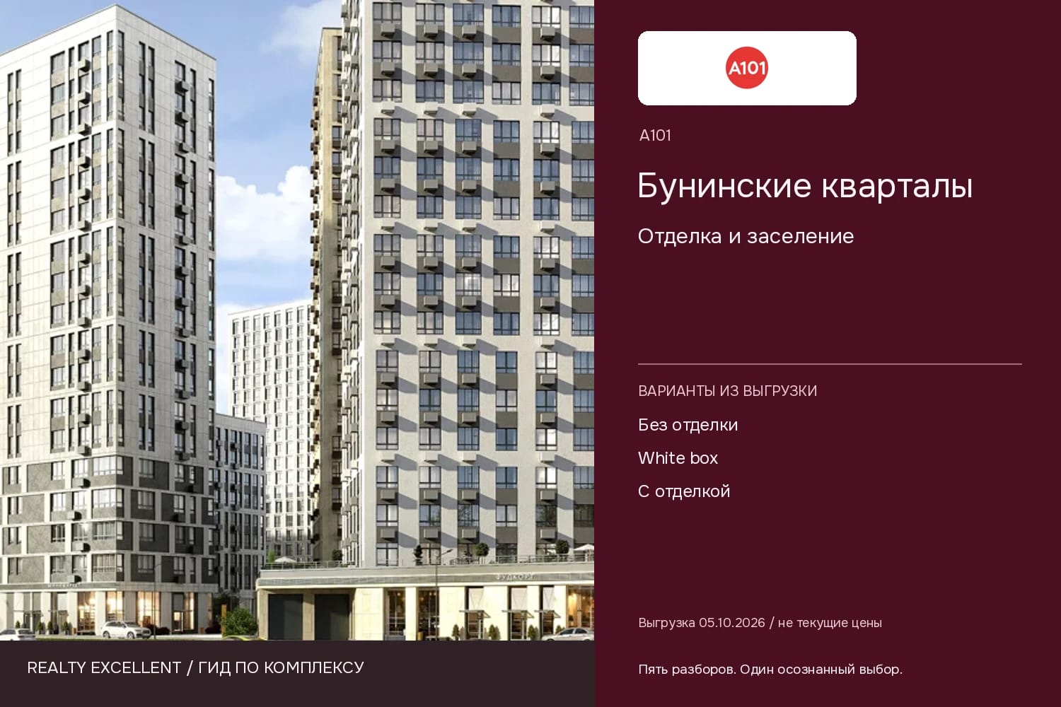 Бунинские кварталы: Отделка и заселение. Инфографика Realty Excellent с логотипом А101.