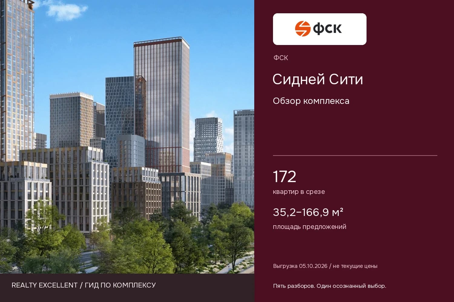 Сидней Сити: Обзор комплекса. Инфографика Realty Excellent с логотипом ФСК.