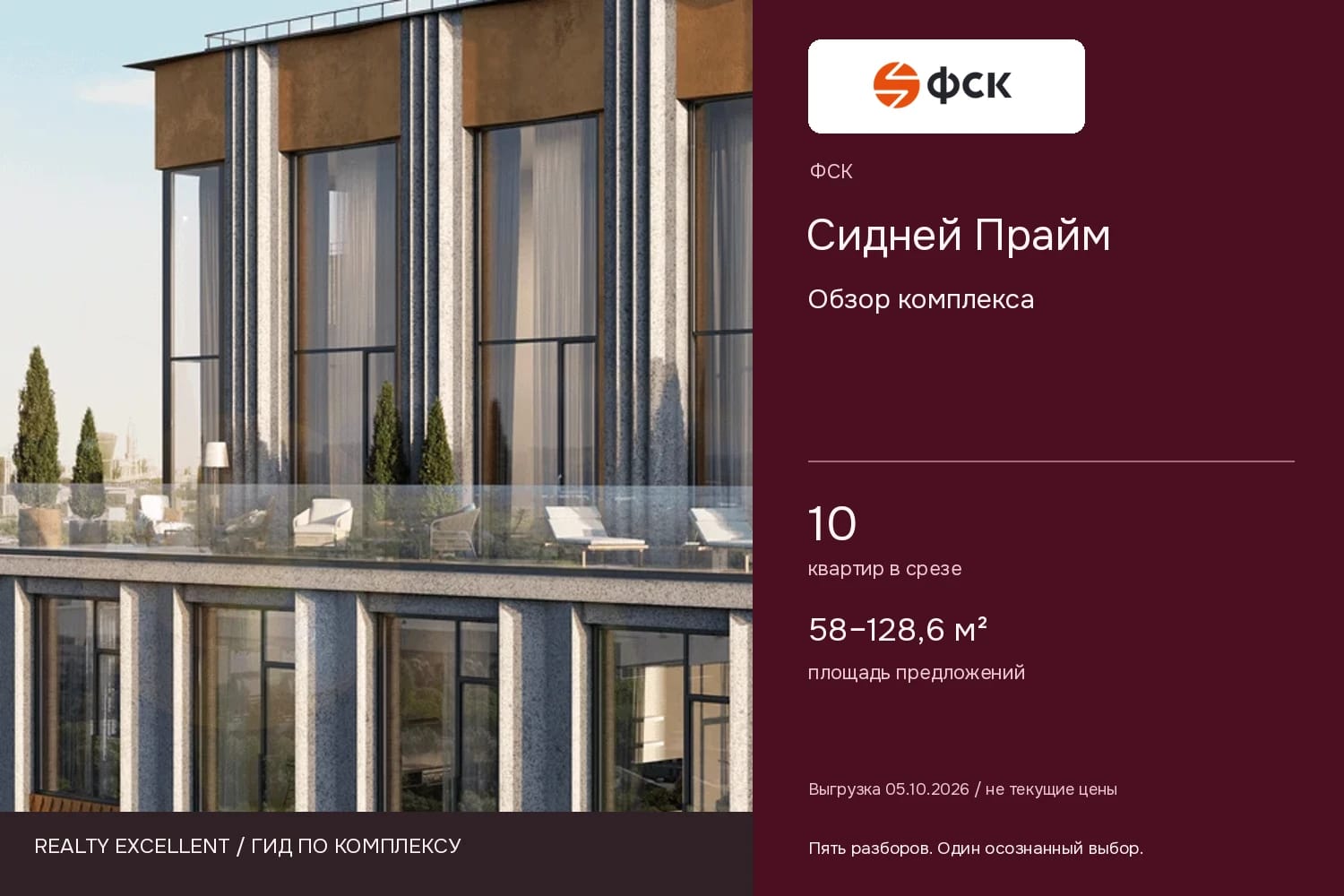 Сидней Прайм: Обзор комплекса. Инфографика Realty Excellent с логотипом ФСК.