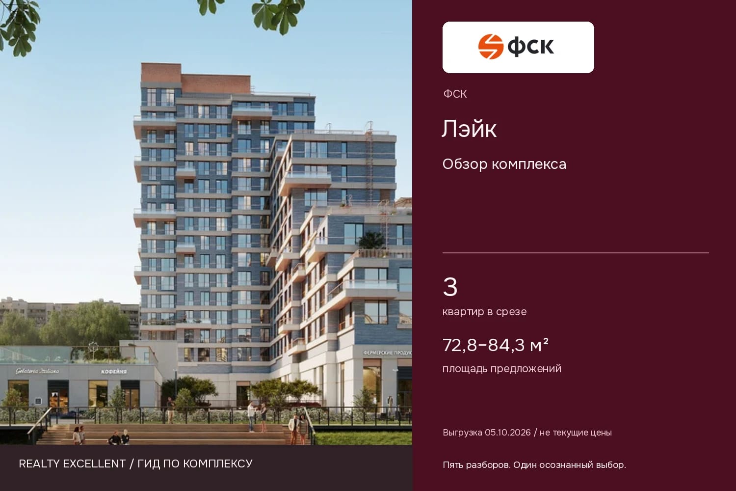 Лэйк: Обзор комплекса. Инфографика Realty Excellent с логотипом ФСК.