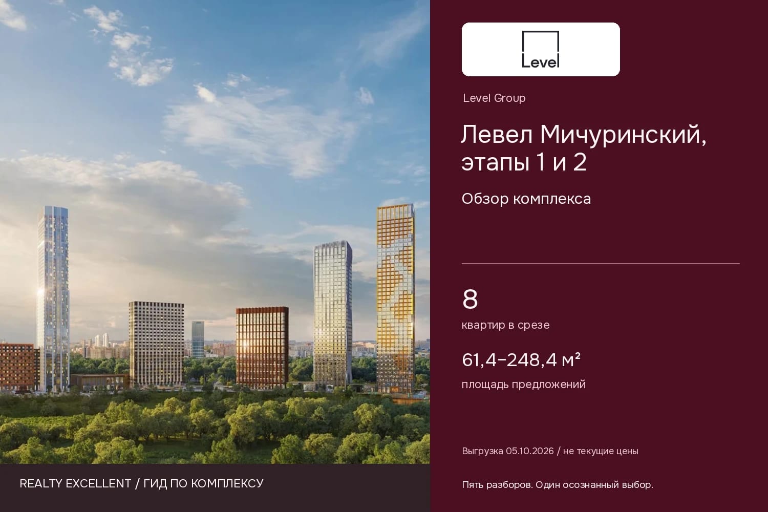 Левел Мичуринский, этапы 1 и 2: Обзор комплекса. Инфографика Realty Excellent с логотипом Level Group.