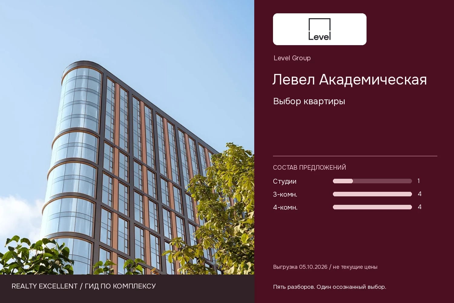 Левел Академическая: Выбор квартиры. Инфографика Realty Excellent с логотипом Level Group.