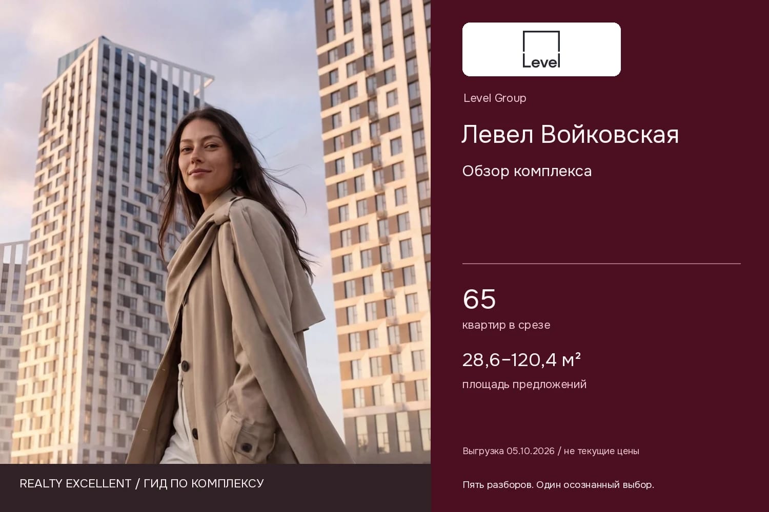 Левел Войковская: Обзор комплекса. Инфографика Realty Excellent с логотипом Level Group.
