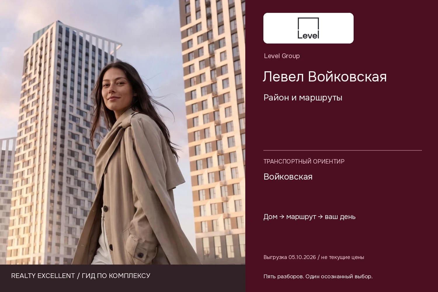Левел Войковская: Район и маршруты. Инфографика Realty Excellent с логотипом Level Group.
