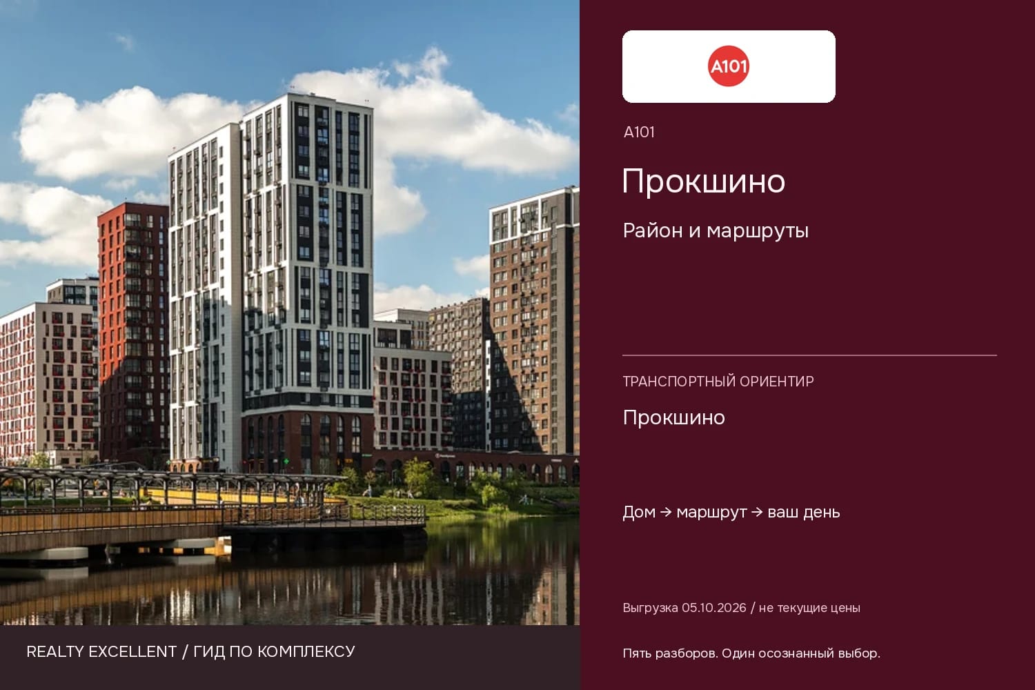 Прокшино: Район и маршруты. Инфографика Realty Excellent с логотипом А101.