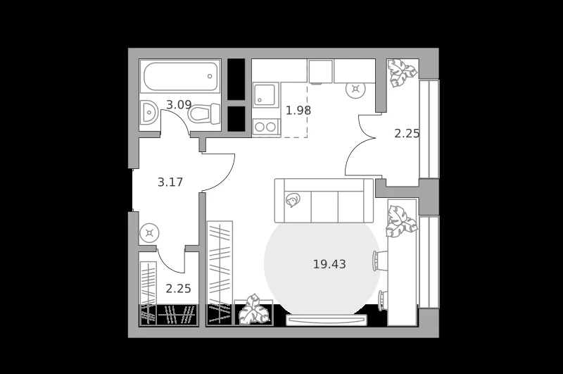 Планировка: Студия, 32.17 м²