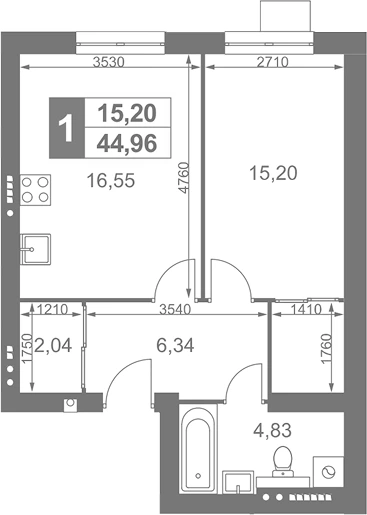 Планировка: 1-к.кв, 44.96 м²