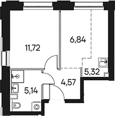 Планировка: 2Е-к.кв, 33.59 м²