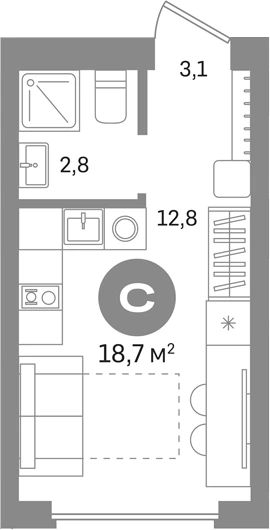 Планировка: Студия, 18.7 м²