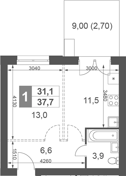 Планировка: Студия, 37.7 м²