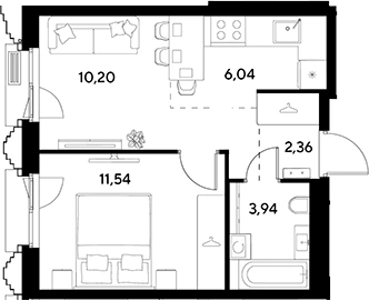 Планировка: 2Е-к.кв, 34.08 м²