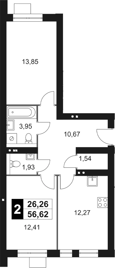 Планировка: 2-к.кв, 56.62 м²