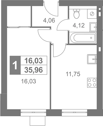 Планировка: 1-к.кв, 35.96 м²