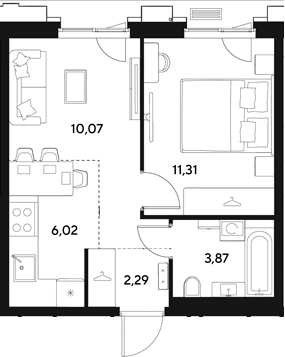 Планировка: 2Е-к.кв, 33.56 м²