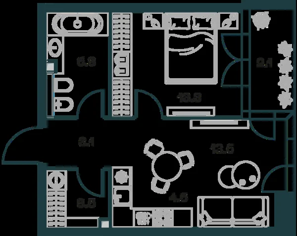 Планировка: 2-комнатная, 46.5 м²