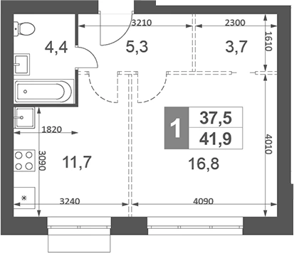 Планировка: 1-к.кв, 41.9 м²