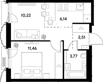 Планировка: 2Е-к.кв, 34.1 м²