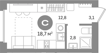 Планировка: Студия, 18.7 м²
