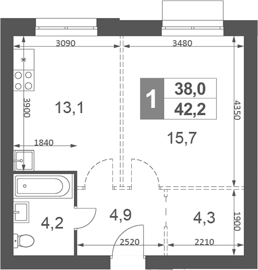 Планировка: 1-к.кв, 42.2 м²