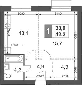 Планировка: 1-к.кв, 42.2 м²