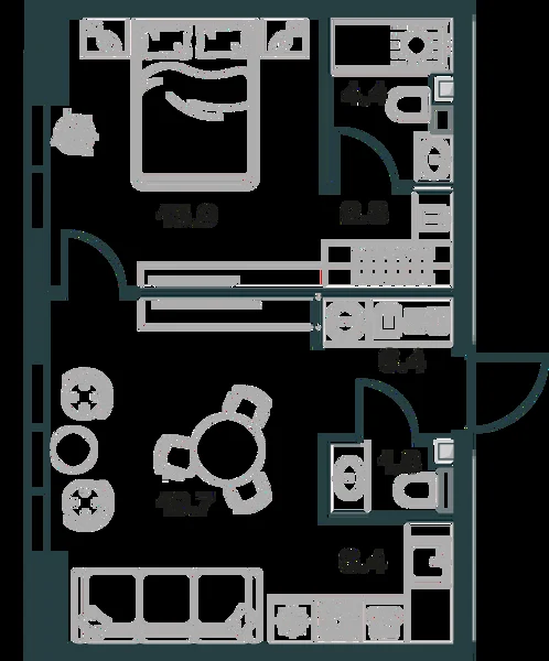 Планировка: 2-комнатная, 51.9 м²