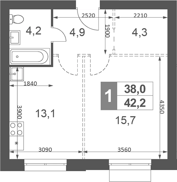 Планировка: 1-к.кв, 42.2 м²
