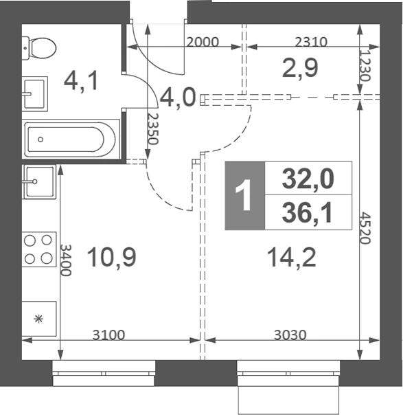 Планировка: 1-к.кв, 36.1 м²