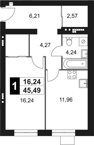 Планировка: 1-к.кв, 45.49 м²