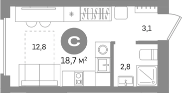 Планировка: Студия, 18.7 м²