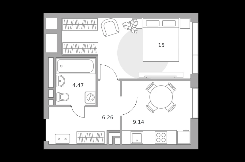 Планировка: 1-комнатная, 34.87 м²
