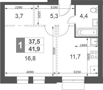 Планировка: 1-к.кв, 41.9 м²