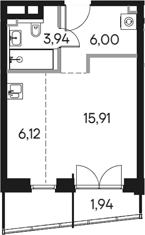 Планировка: Студия, 33.91 м²