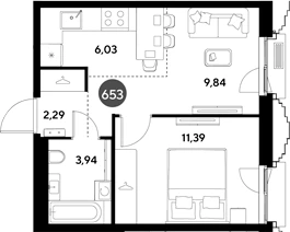 Планировка: 2Е-к.кв, 33.49 м²