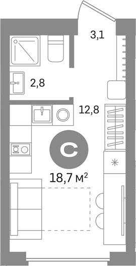 Планировка: Студия, 18.7 м²