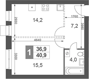 Планировка: 1-к.кв, 40.9 м²
