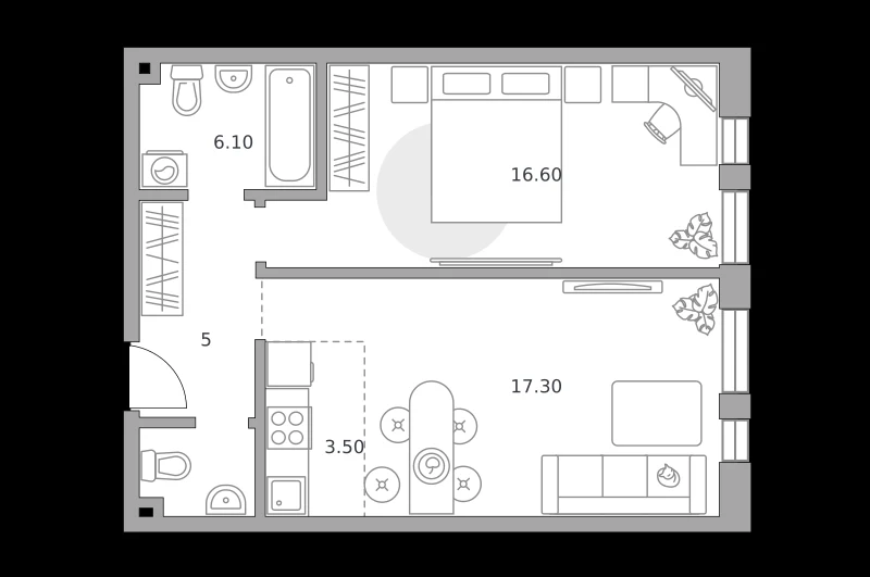 Планировка: 2-комнатная, 48.5 м²
