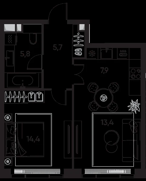 Планировка: 2-комнатная, 47.6 м²