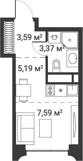 Планировка: Студия, 19.74 м²