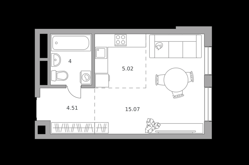 Планировка: Студия, 28.6 м²