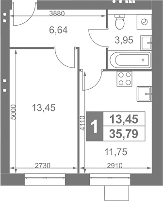 Планировка: 1-к.кв, 35.79 м²