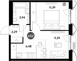 Планировка: 2Е-к.кв, 33.49 м²