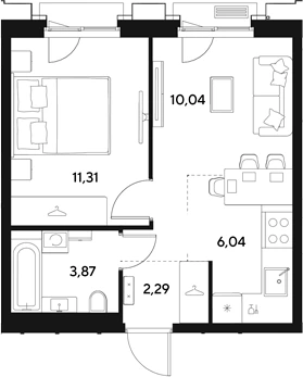 Планировка: 2Е-к.кв, 33.55 м²
