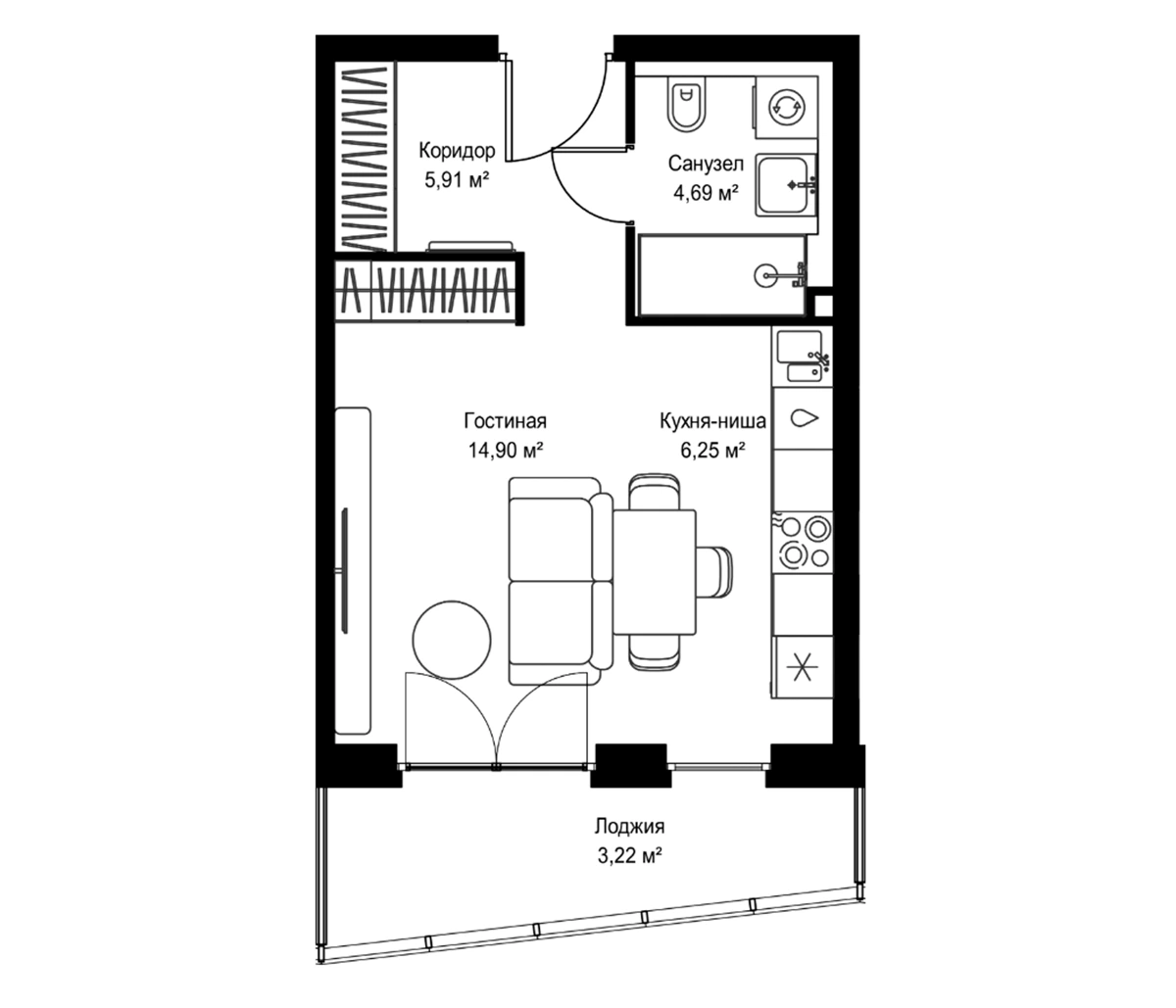 Планировка: Студия, 34.97 м²