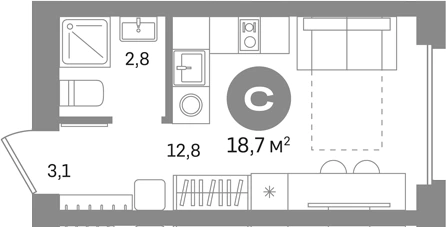 Планировка: Студия, 18.7 м²