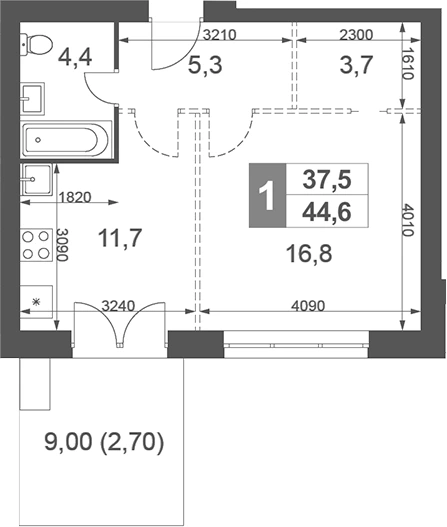 Планировка: 1-к.кв, 44.6 м²