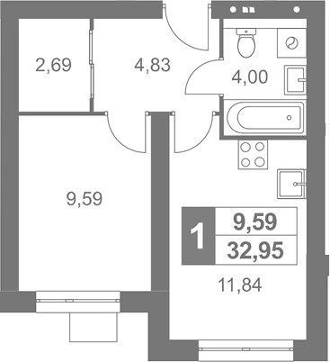 Планировка: 1-к.кв, 32.95 м²