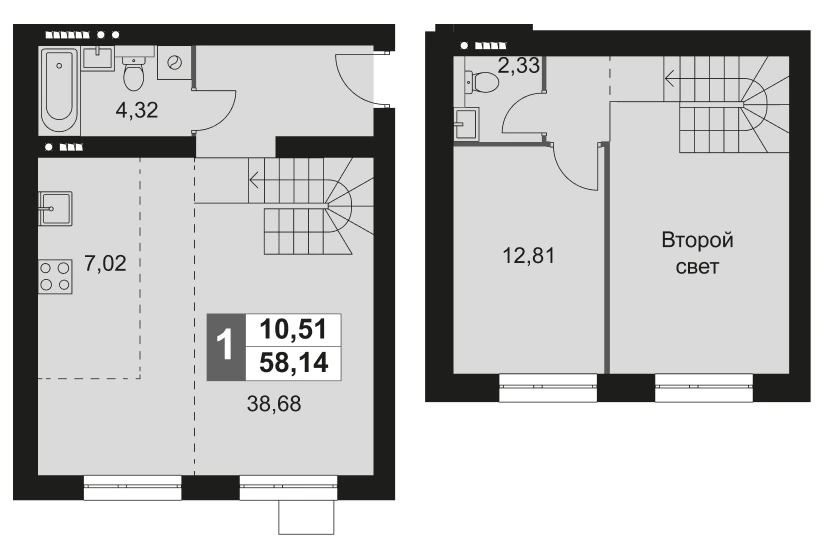 Планировка: 2Е-к.кв, 58.14 м²